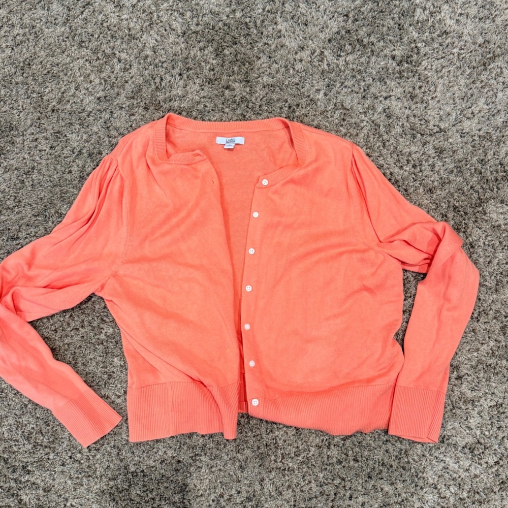 Croft & Barrow Womens XL Coral Orange Button Front Knit Cardigan Sweater Puffed